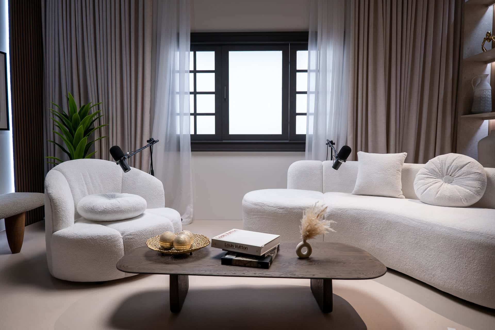 Canvas Set – Bright Minimalist Podcast Studio with Natural Light & Designer Furniture - Podcast Space in Dubai